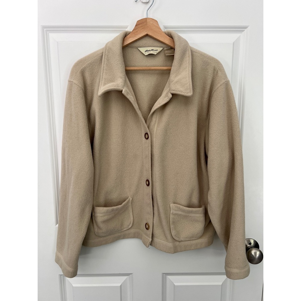 Eddie Bauer Womens Tan Fleece Button Front Jacket Cardigan Pockets Beige Large